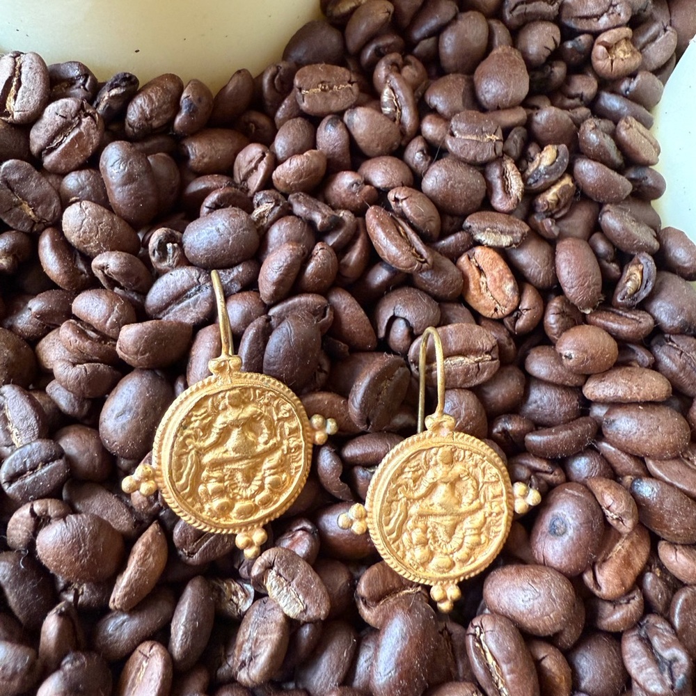 Julie Vos gold coin dangle earrings, vintage very light on ear lobe